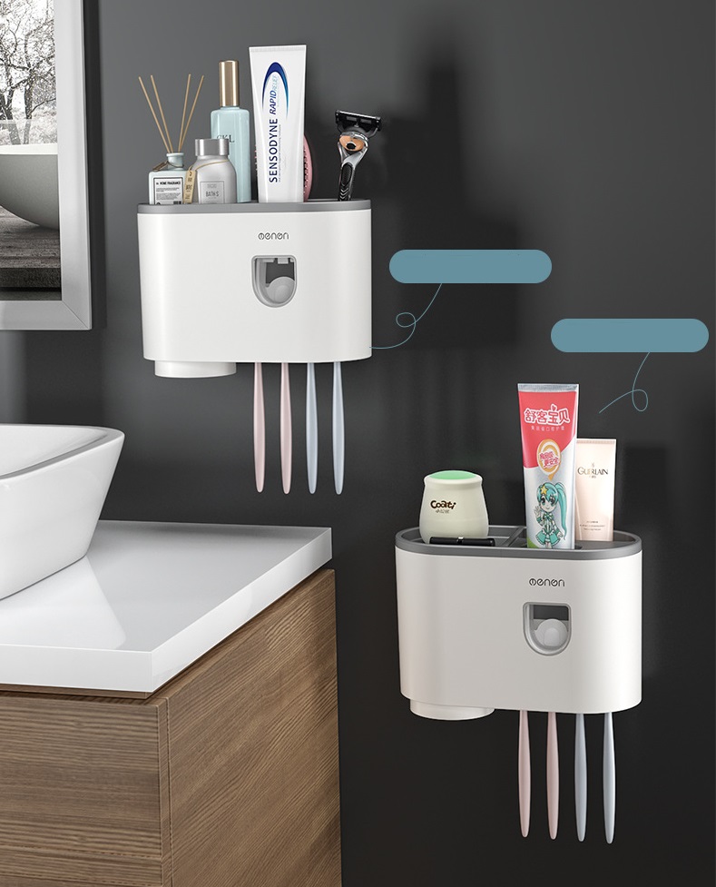 Bộ nhả kem đánh răng tự động OENON, Giá treo bàn chải nhà tắm dán tường gạch men siêu chắc tặng kèm cốc hút từ tính - OEKEM