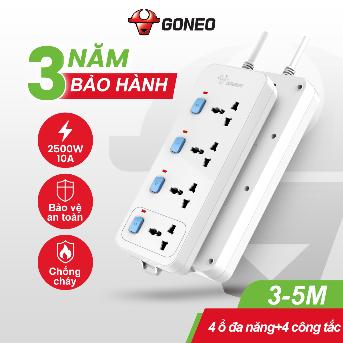 Ổ cắm điện chống cháy gongniu - 4 ổ đa năng 4 công tắc - công suất 10a/250/2500w - n3040
