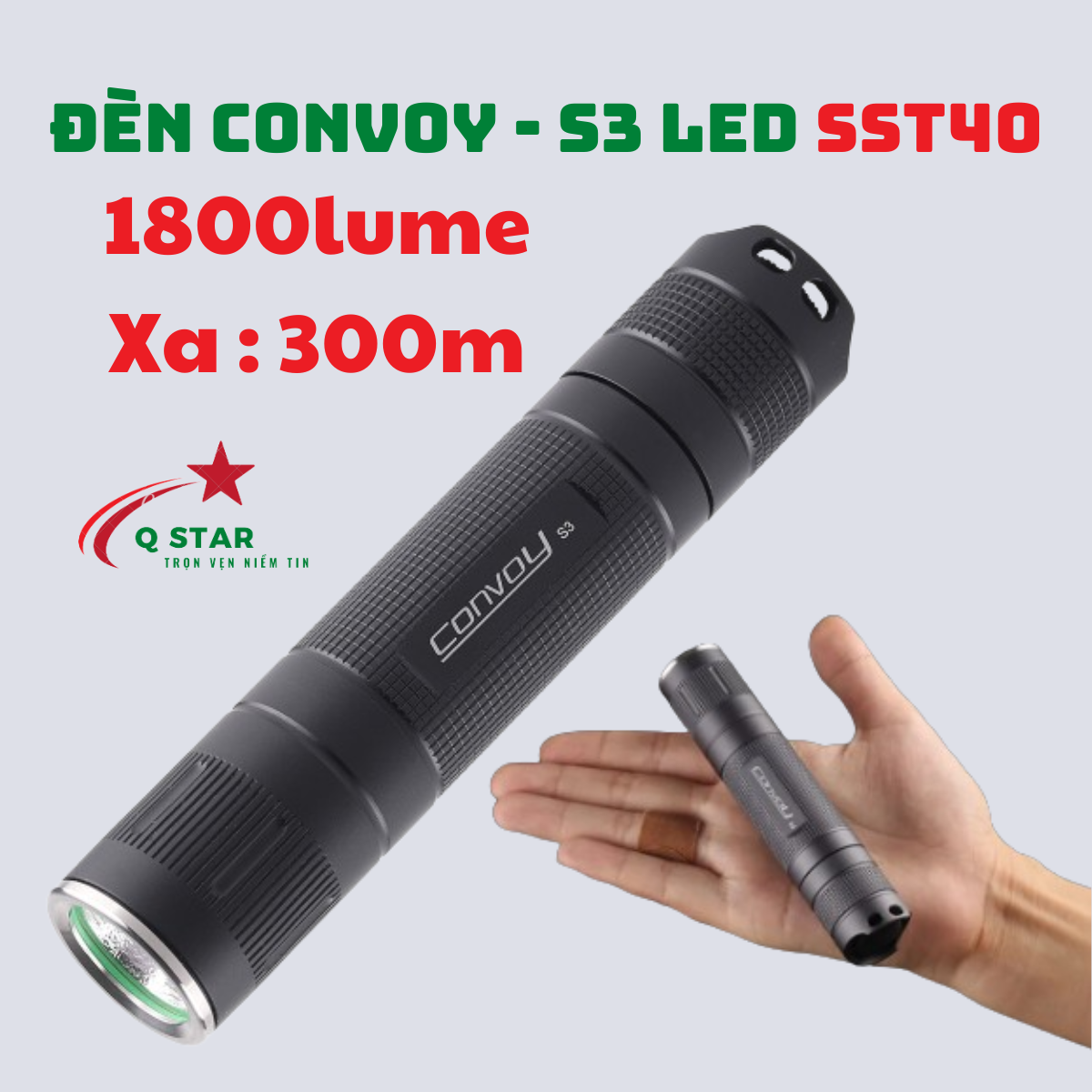 Đèn Pin Convoy S 3 Led SST40 Sáng 1800lume Xa 300m Nhiệt Màu 6k5 Với 8 Chế Độ Sáng Đi Kèm Pin 18650 DL 3200mah