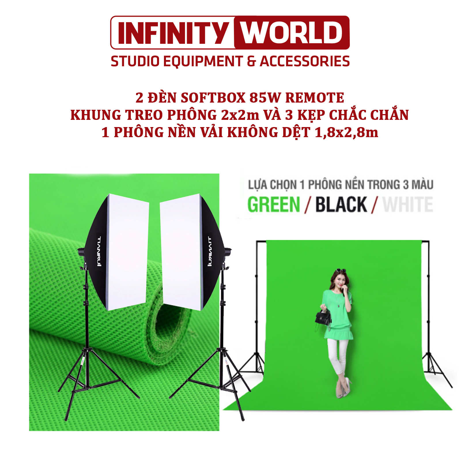 [COMBO] Set đèn chụp ảnh/livestream Tianrui 85W Remote & Bộ khung treo phông 2x2m Kèm phông nền