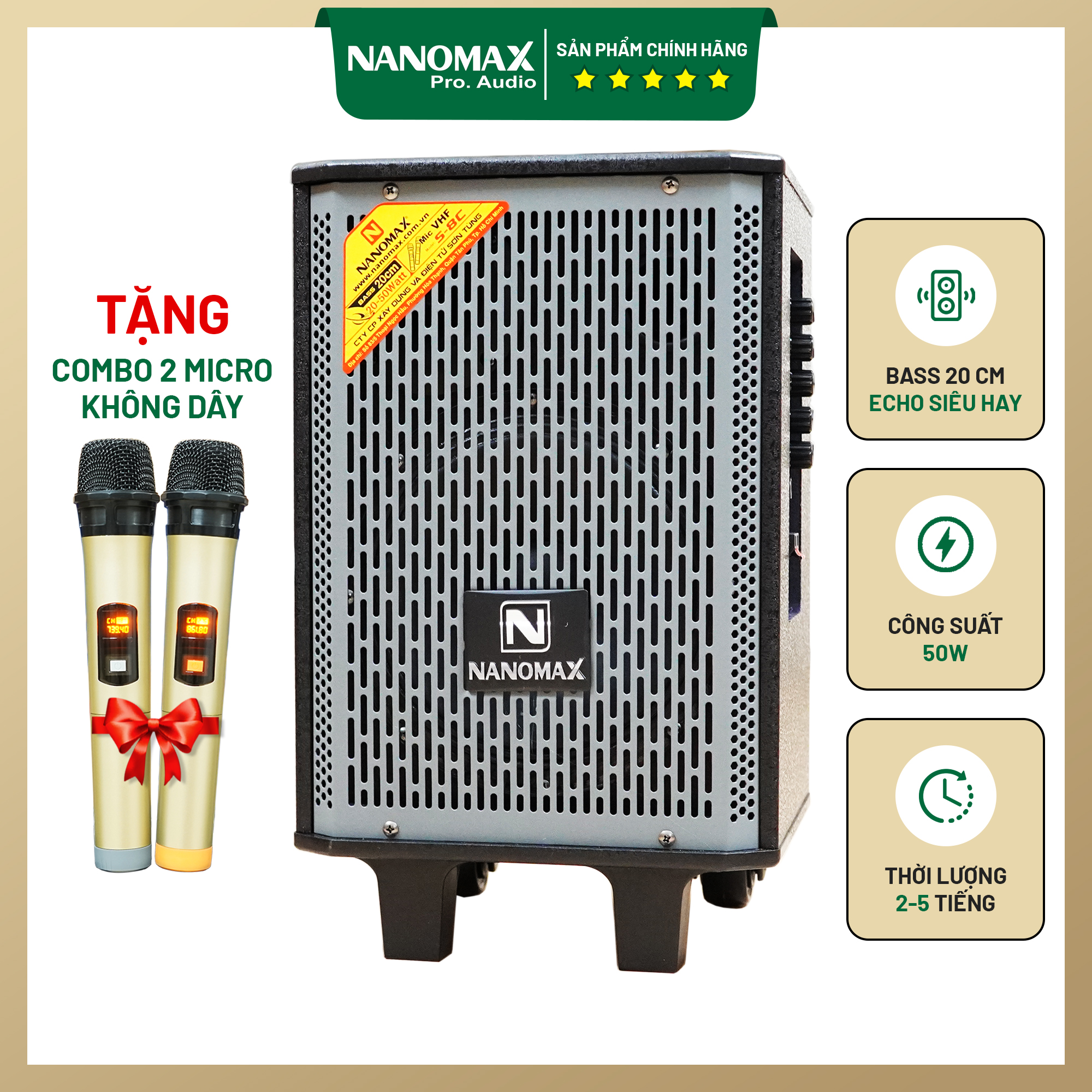 Loa kéo karaoke mini bluetooth nanomax s-8c lưới xám bass 2 tấc 20cm công suất 50w có đọc usb thẻ nhớ nh2