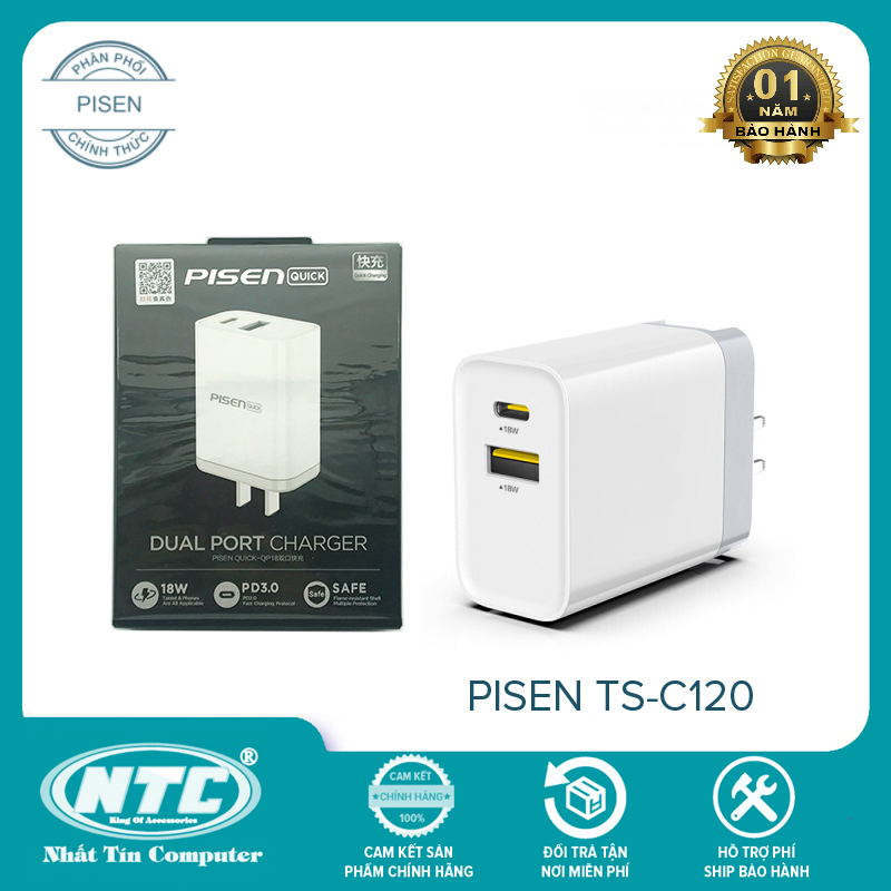 Cốc sạc nhanh 2 cổng Pisen TS-C120 hỗ trợ USB QC 3.0 và TypeC PD 18W (Trắng) - Nhất Tín Computer