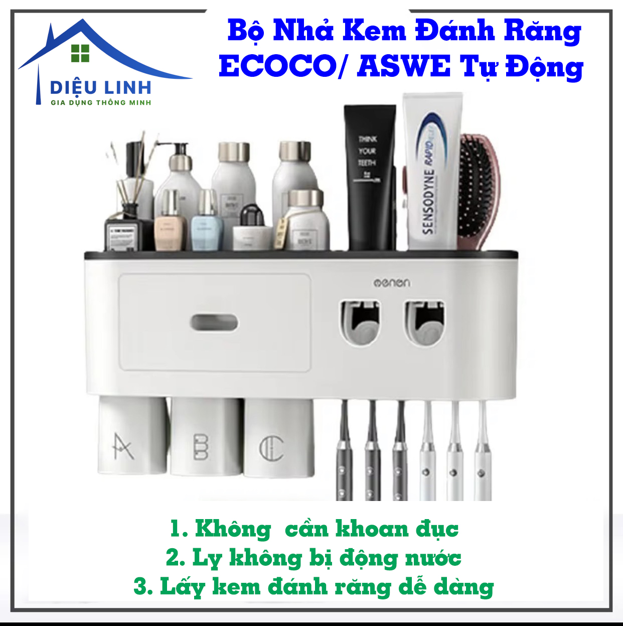 Bộ Nhả Kem Đánh Răng ECOCO/ ASWE Tự Động, Kệ Để Đồ Phòng Tắm Cao Cấp, Bộ Nhả Kem Đánh Răng Tự Động OENON - Kệ Treo Bàn Chải Lắp Đặt Dán Tường Gạch Men Kèm Cốc Hút Nam Châm dieulinhshop