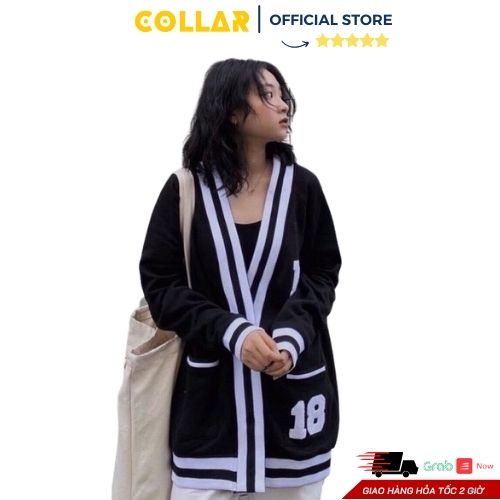 Áo khoác cardigan COLLAR họa tiết số 18 màu đen phối viền sọc trắng nổi bật dáng rộng unisex thời trang hàn quốc