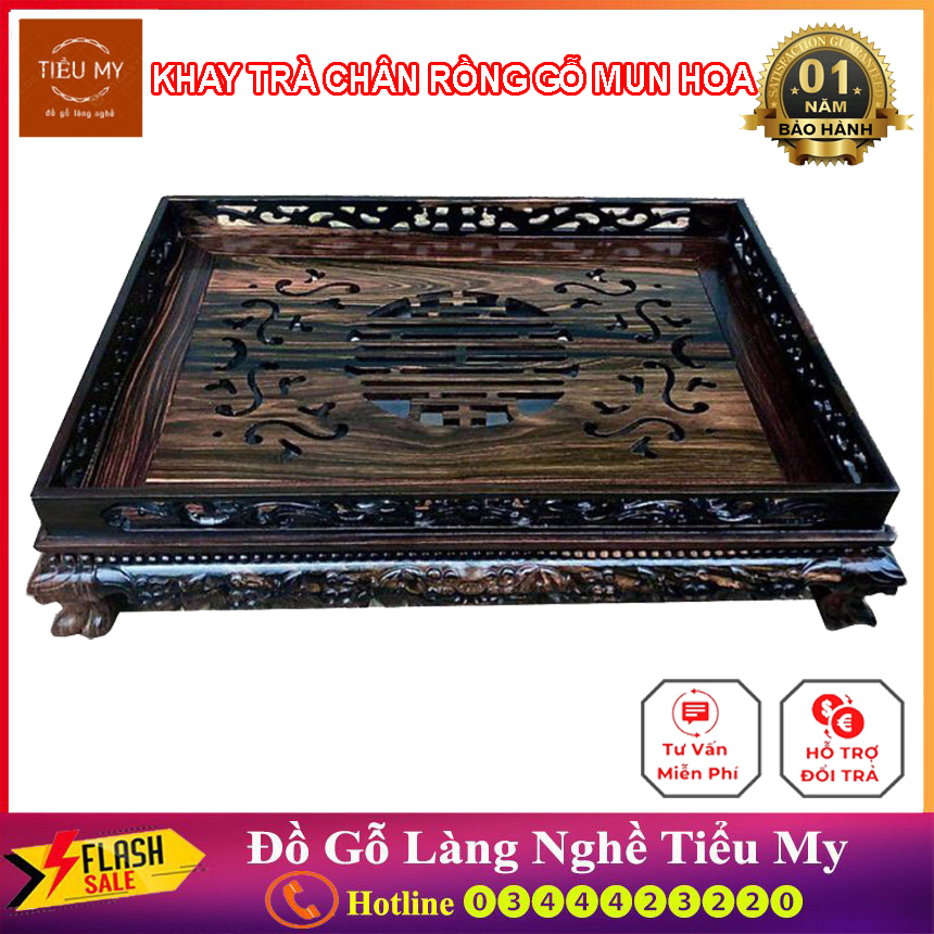 Khay Trà Chân Quỳ Gỗ Mun Cao Cấp, khay được trạm khắc kiểu rồng bay phượng mứa, Dùng Trong Phòng Khách, Phòng Làm Việc, hàng đẹp đã được sơn bóng Pu giữ nguyên vân gỗ