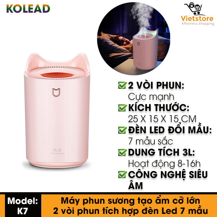 Máy phun sương tạo ẩm, khuếch tán tinh dầu H20 Humidifier dung tích lớn 3000ml với 2 vòi phun và dải đèn LED 7 màu, thanh lọc không khí cho văn phòng, nhà ở