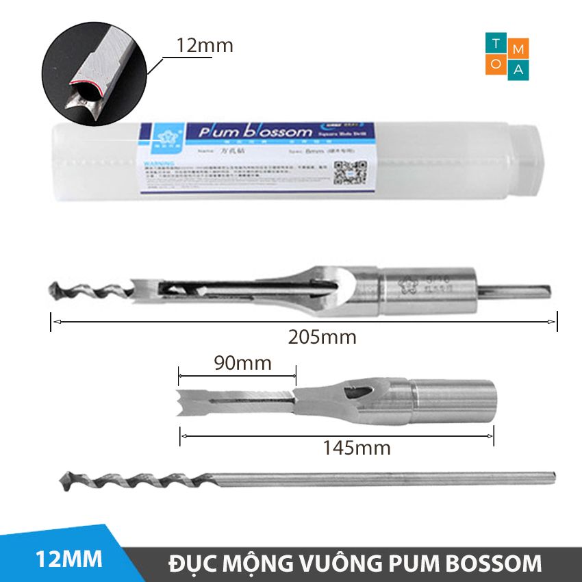 Mũi khoan gỗ đục mộng vuông pum bossom đường kính 12mm đục sâu 90mm - phụ kiện dụng cụ dùng trong ngành mộc