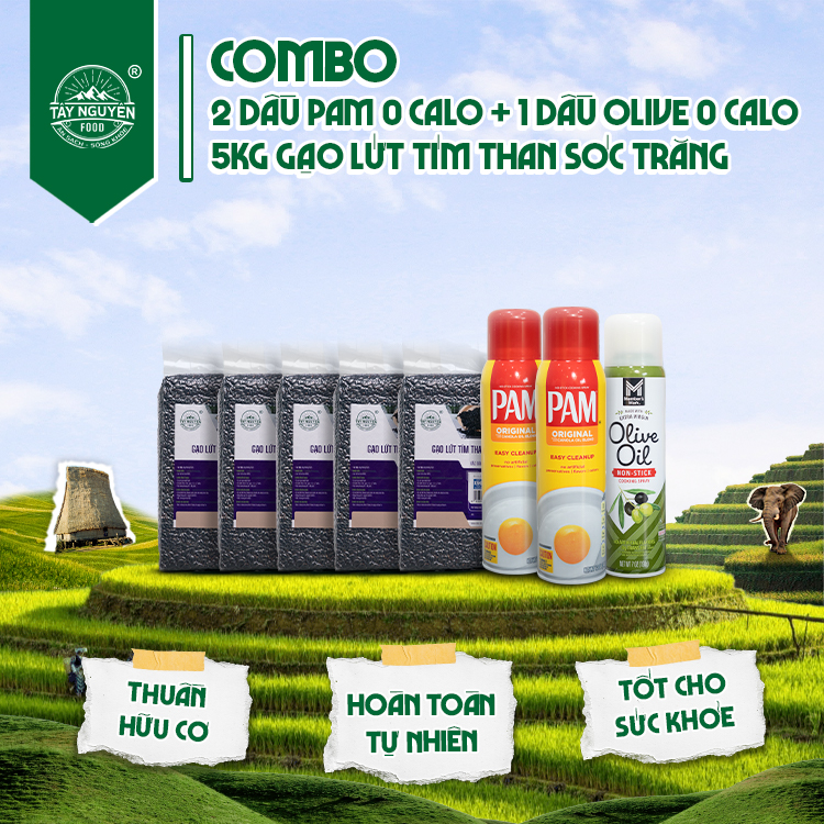 Combo gia đình "to": 2 Dầu Pam, 1 Dầu Olive và 5 Gạo lứt tím than Sóc Trăng Tây Nguyên Food - Việt Nam