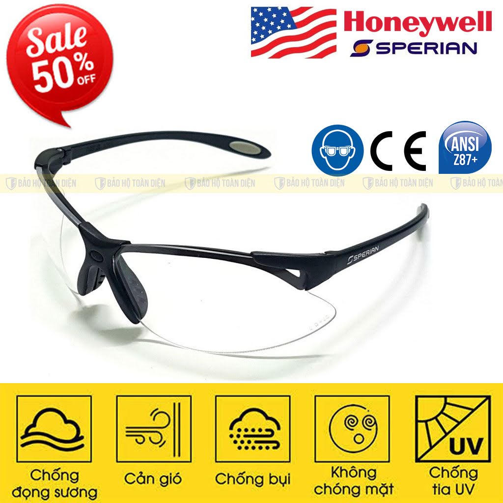 Kính bảo hộ Sperian A900 trắng. Kính chống bụi, tia UV, cản gió, chống giọt bắn, đọng sương. Dùng cho y tế, chạy xe
