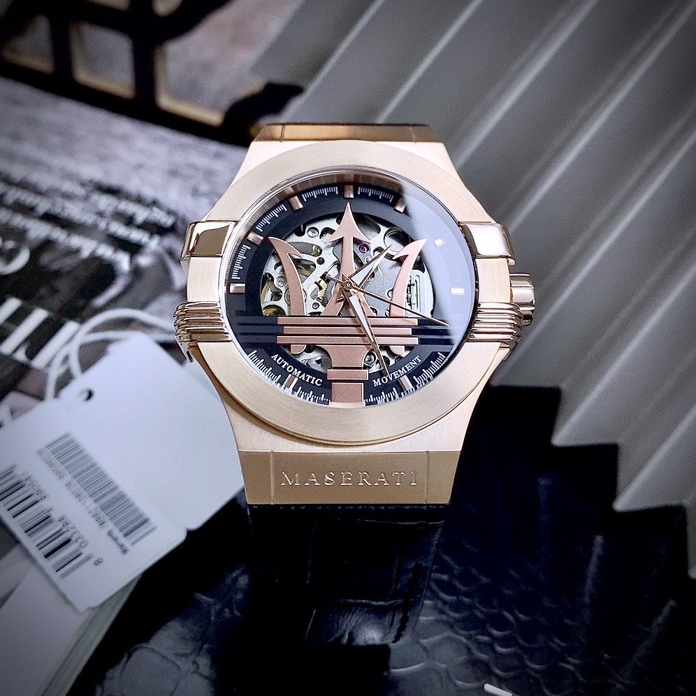 Đồng hồ nam máy cơ dây silicon đeo tay cao cấp MASERATl POTENZA AUTOMATIC BLACK LEATHER MEN’S WATCH R8821108039 chống nước thể thao size 42mm fullbox , shop kiwi