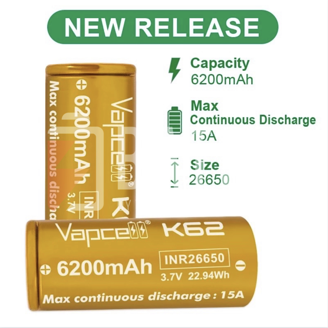 Pin sạc 26650 mới 100% vapcell inr-26650 k62 6200mah 15a/20a 3.7v 4.2v