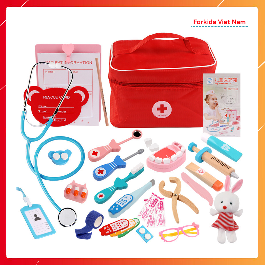 Bộ đồ chơi bác sĩ bằng gỗ cao cấp cho bé - có túi vải đỏ xinh xắn - bé tập làm bác sỹ nhí