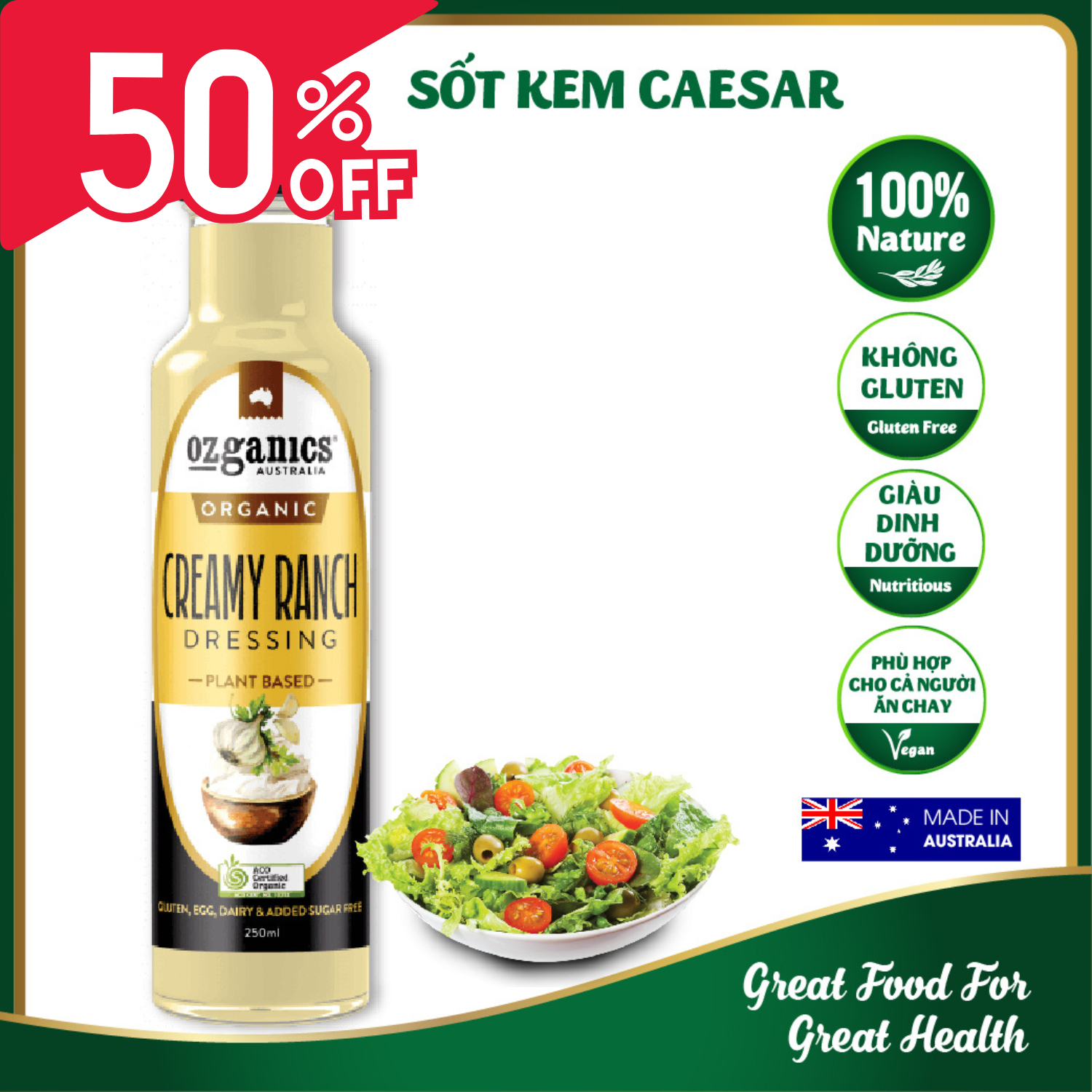 Sốt trộn salad hữu cơ Caesar Ozganics - Organic Caesar Dressing Salad chai 250ml