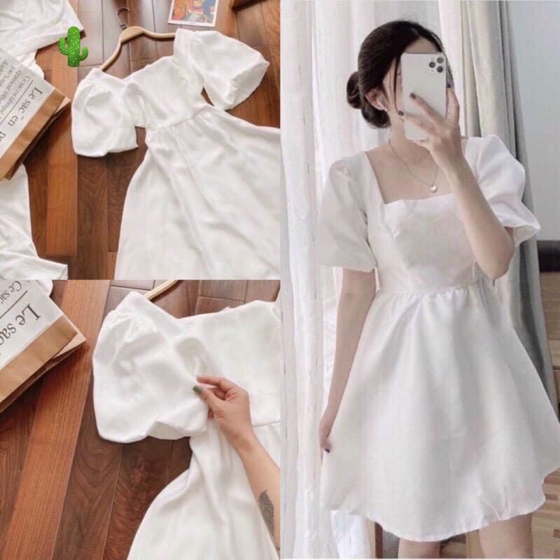 Đầm cổ vuông tay ngắn trắng tinh khôi