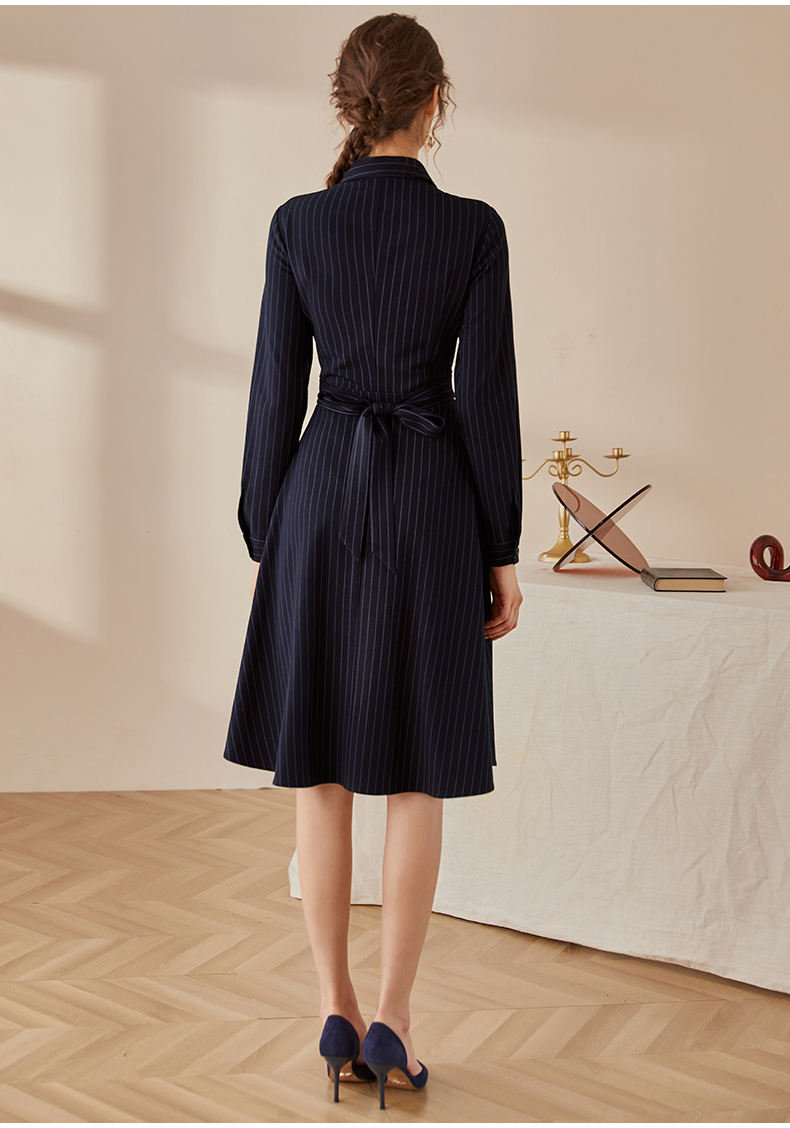 Đầm sọc xanh đen cổ sơ mi tay dài cột eo