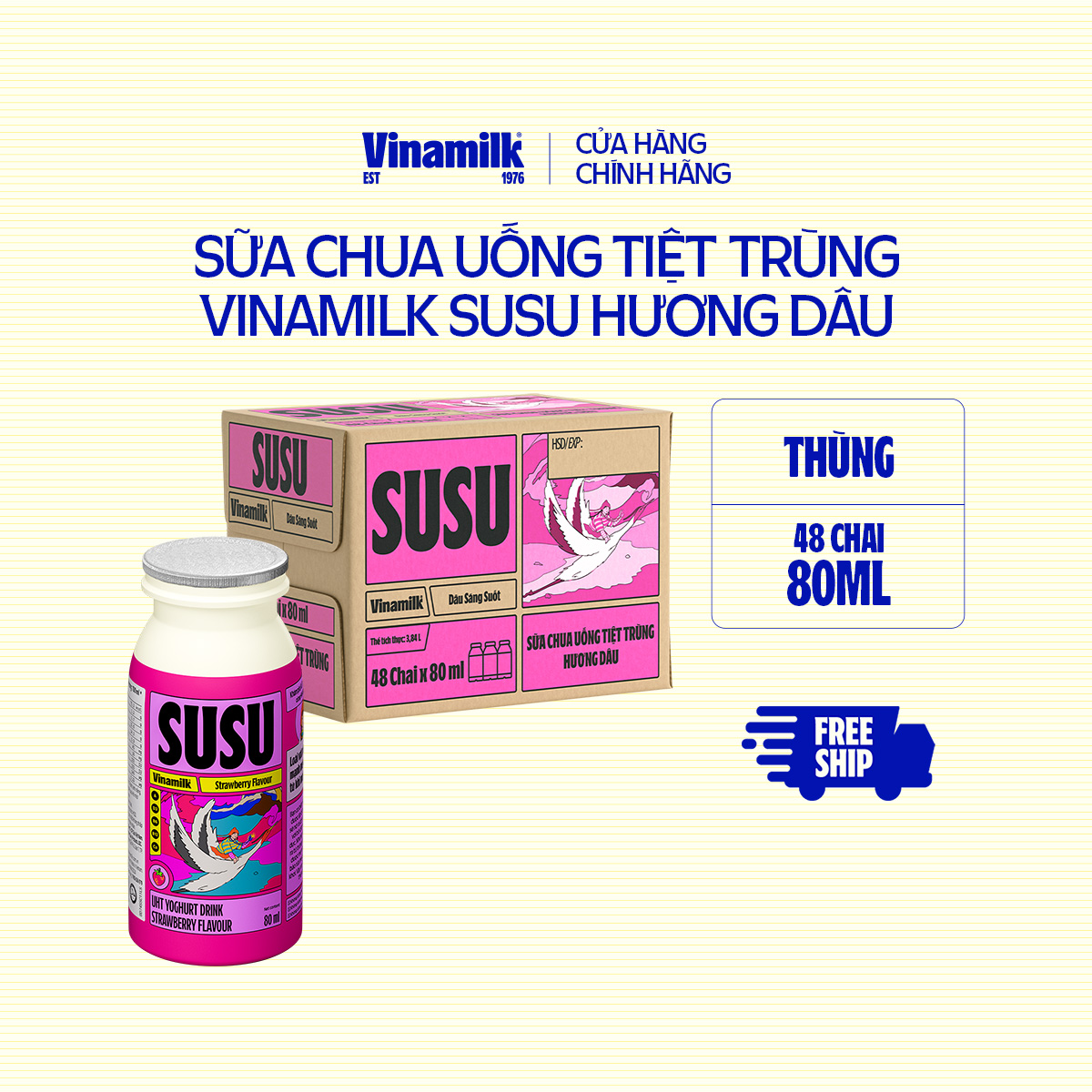 Sữa Chua Uống Tiệt Trùng Vinamilk SuSu hương Dâu - Thùng 48 chai 80ml