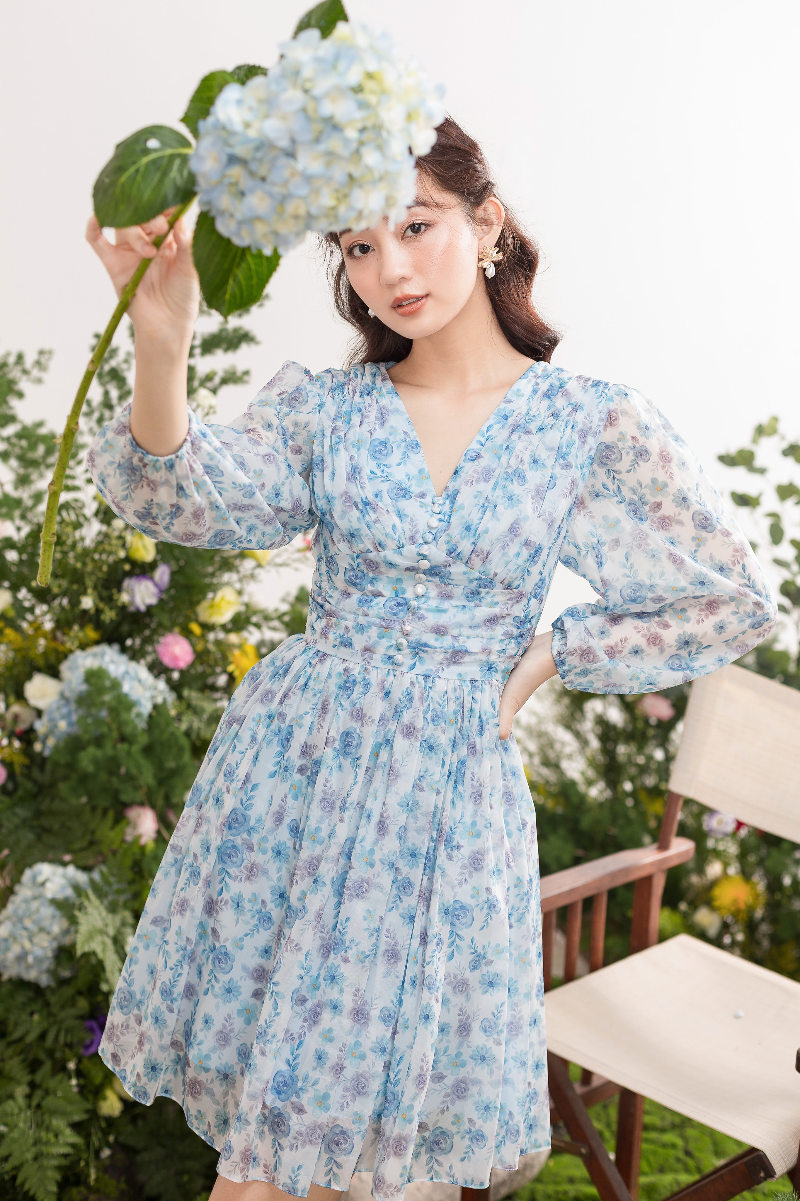 TIELA Đầm hoa xanh nhún tay-Mina Dress