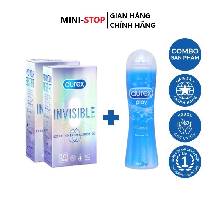 FREESHIP Combo 2 hộp Bao cao su siêu mỏng Durex Invisible Extra Thin - Extra Sensitive hộp 10 cái tặng 1 chai gel bôi trơn Durex play classic 50ml