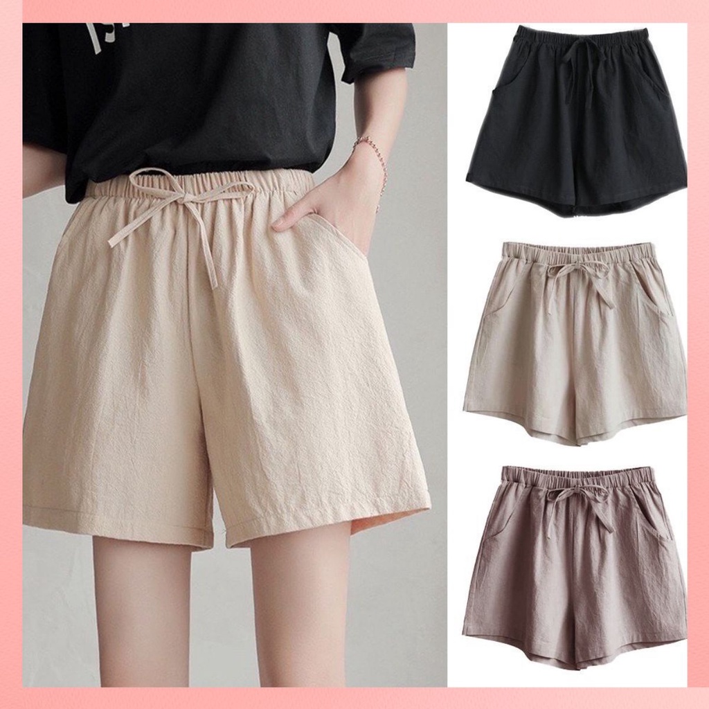 Quần short nữ quần đùi nữ ống rộng cá tính vải đũi mềm mát mặc nhà mùa hè đen/trắng/be
