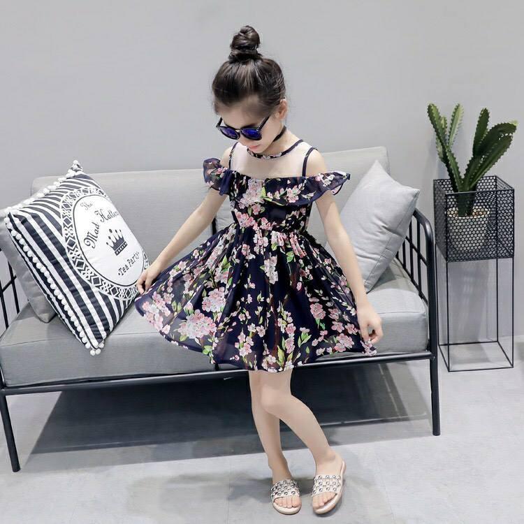 Đầm bé gái rớt vai hoa xinh sắc xuân cho bé đón Noel và Tết