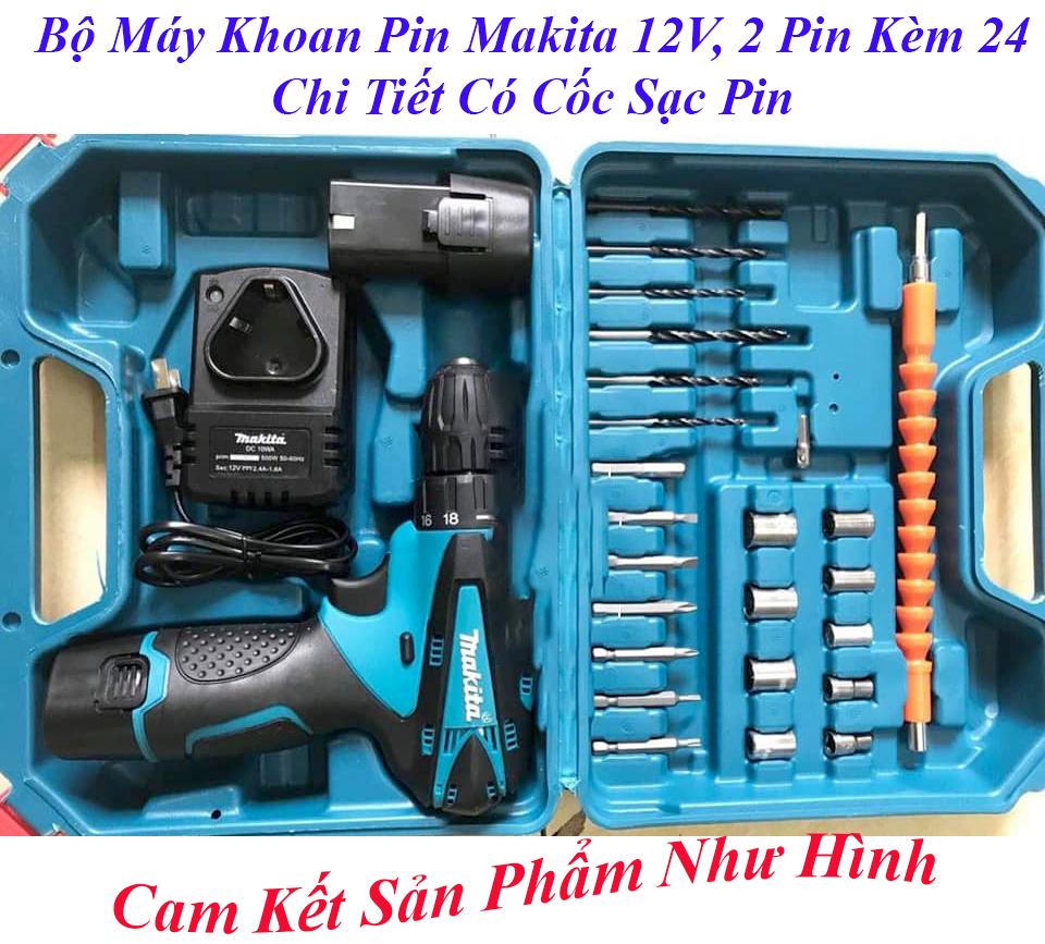 Máy khoan pin makita 12v 2 pin đủ đồ phụ kiện 24 chi tiết bắt vít, khoan tườngmáy khoan, vặn ốc vít dùng pin 12v có cốc sạc