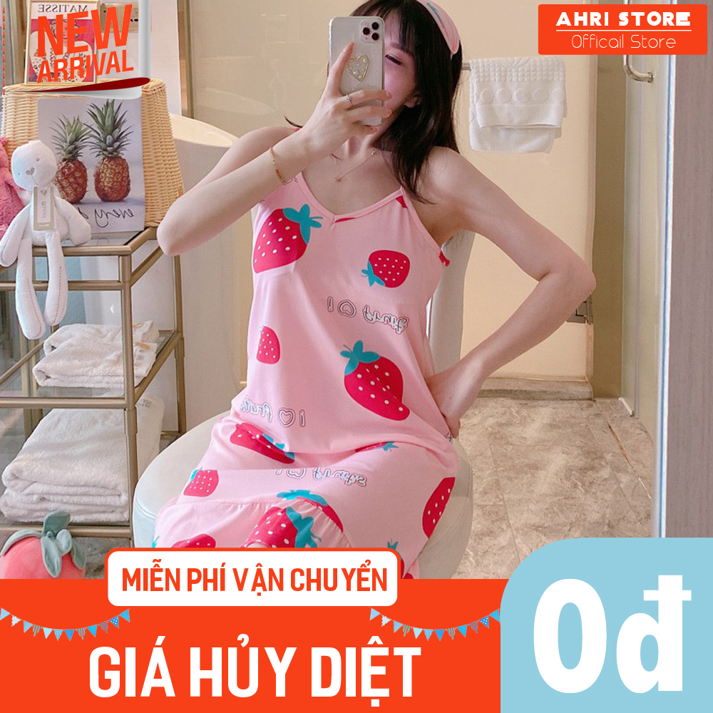 Váy ngủ, mặc nhà xuông dáng dài, cộc tay hoạt hình, cotton thoáng  mát, thấm hút mồ hôi, thời trang, họa tiết cute, độc lạ AHRI.DN06