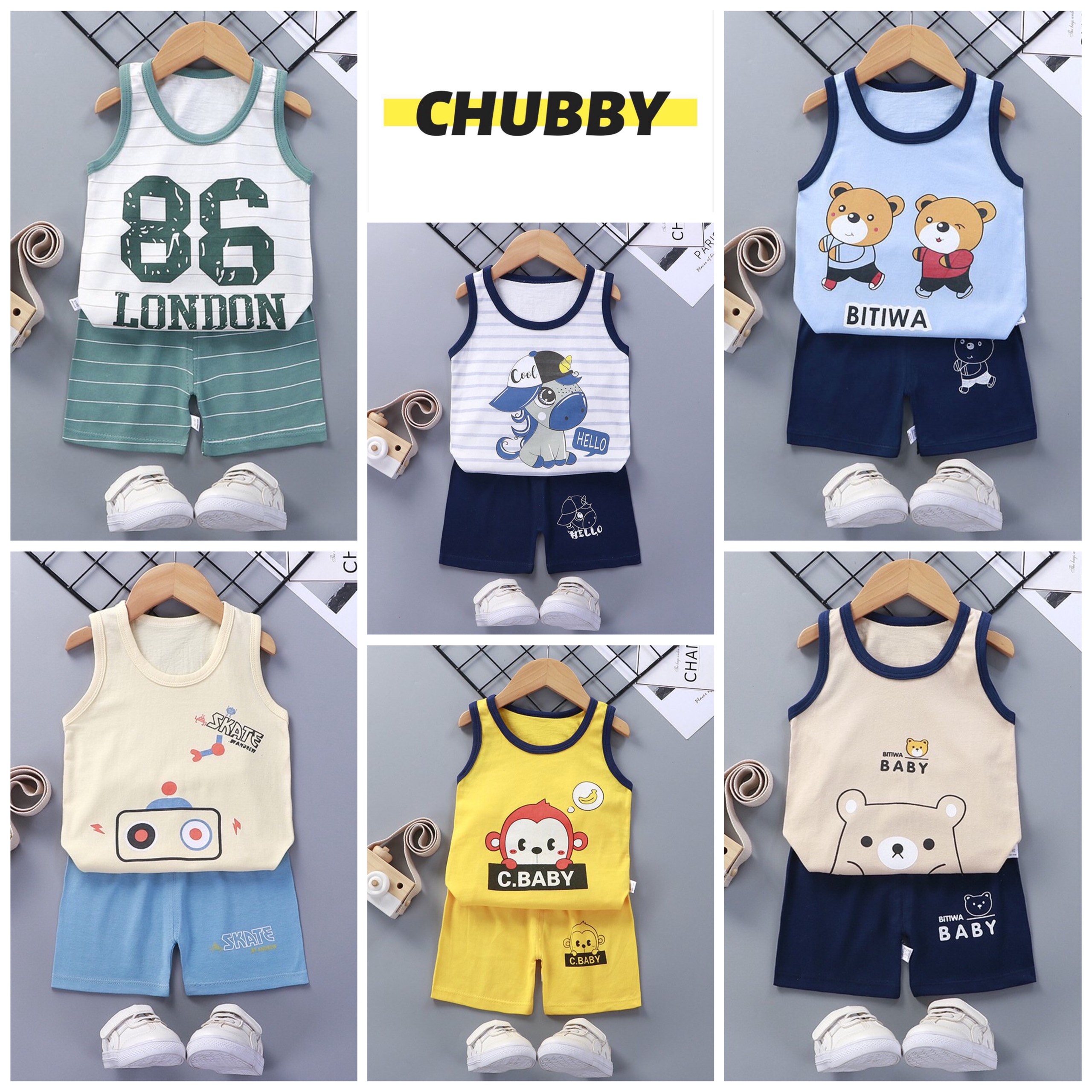 Bộ quần áo ba lỗ trẻ em,quần áo cộc tay chất liệu cotton 100%,mềm mịn thoáng mát cho bé, hàng Quảng Châu !! CHUBBY !!