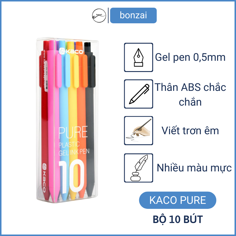 Bộ 10 bút bi gel kaco pure mực nhiều màu