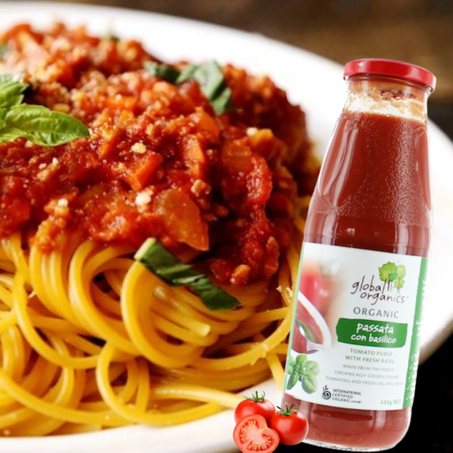 [date mới]sốt mì ý cà chua basil húng tây hữu cơ global organics - organic tomato passata (puree) with basil - chai 680g 1