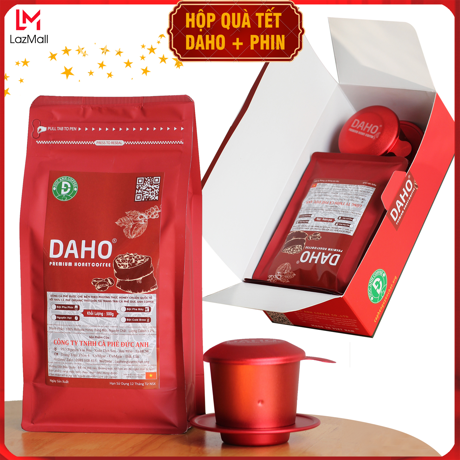 Hộp quà Combo Cà phê DAHO fremium honey coffee 500g + Phin đỏ đẳng cấp, Cam kết 100% Trái Chín Đặc Biệt, xay sẵn dùng pha phin - Cà Phê Đặc Sản Buôn Ma Thuột