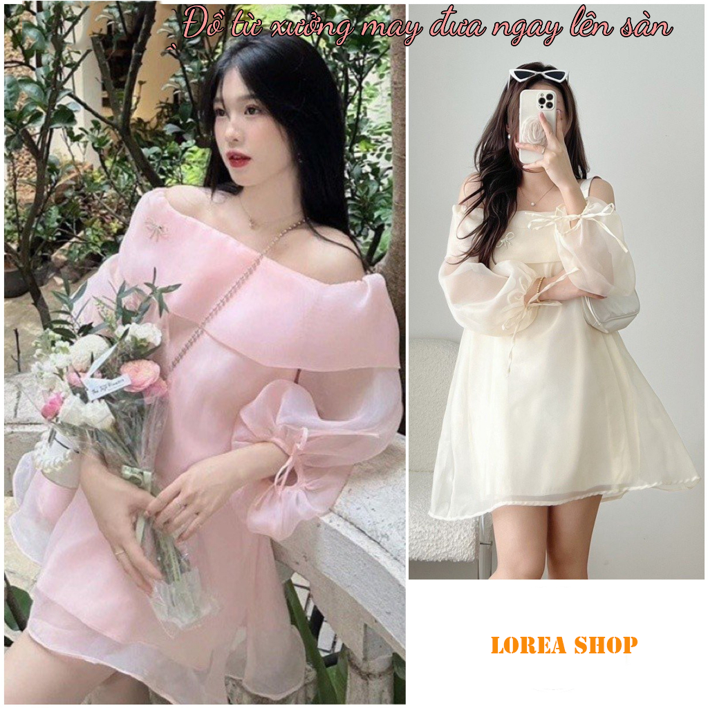 Đầm trễ vai cách điệu hàn quốc- Áo trễ vai bồng chất tơ lụa cao cấp kiểu dáng công chúa.