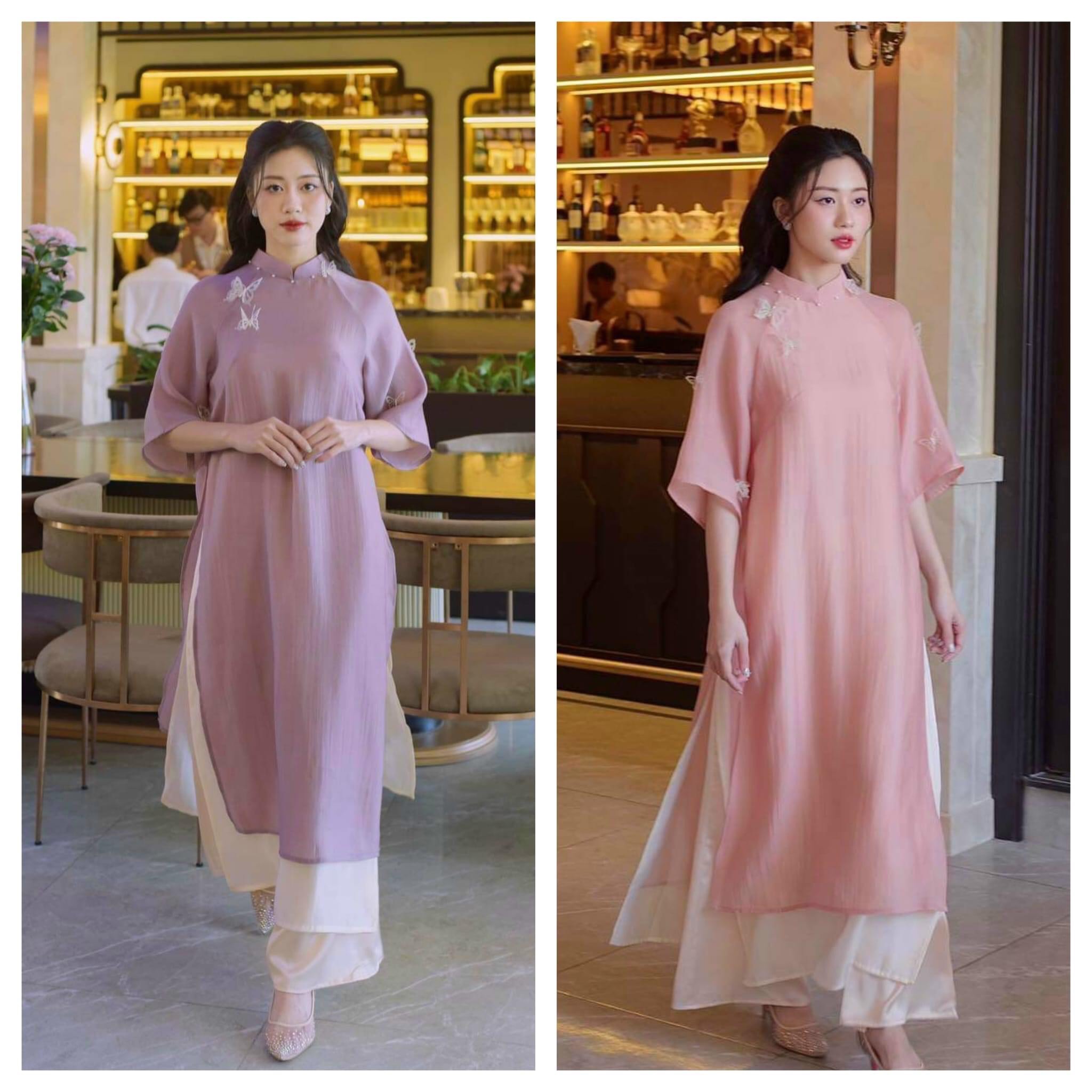  ÁO DÀI CÁCH TÂN 4 TÀ DÁNG SUÔNG NỮ TRƠN THIẾT KẾ CỔ ĐÍNH NGỌC MAY SẴN MÀU HỒNG XANH CỐM XANH DƯƠNG 