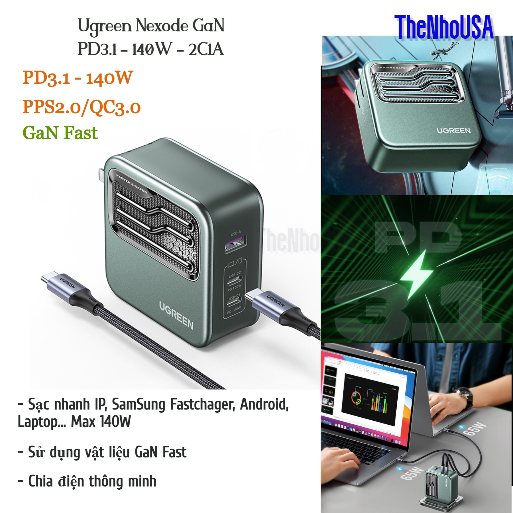 Củ sạc nhanh Ugreen Nexode GaN Fast - PD3.1 - 140w [2 Type C+1 Type A] PD3.1/PPS2.0/QC3.0/FCP/SCP