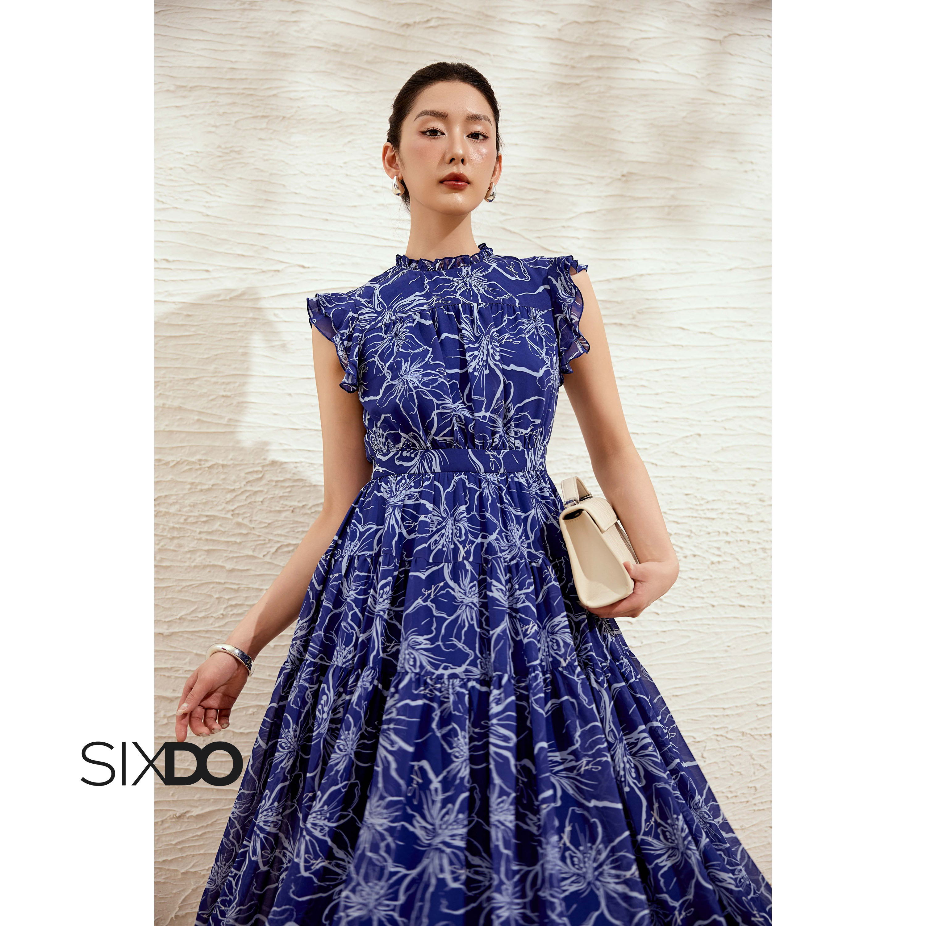  Đầm xòe chiffon không tay họa tiết hoa SIXDO  Dark Blue Chiffon Flared Dress  