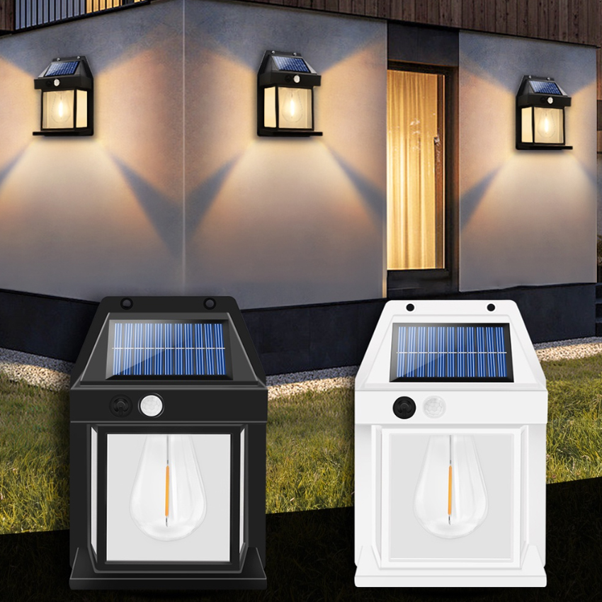 3 Mode Solar Wall Lamp Tungsten Light Outdoor Lighting Waterproof Garden Lamp Human Sensing Outdoor Warm Light Decorative
