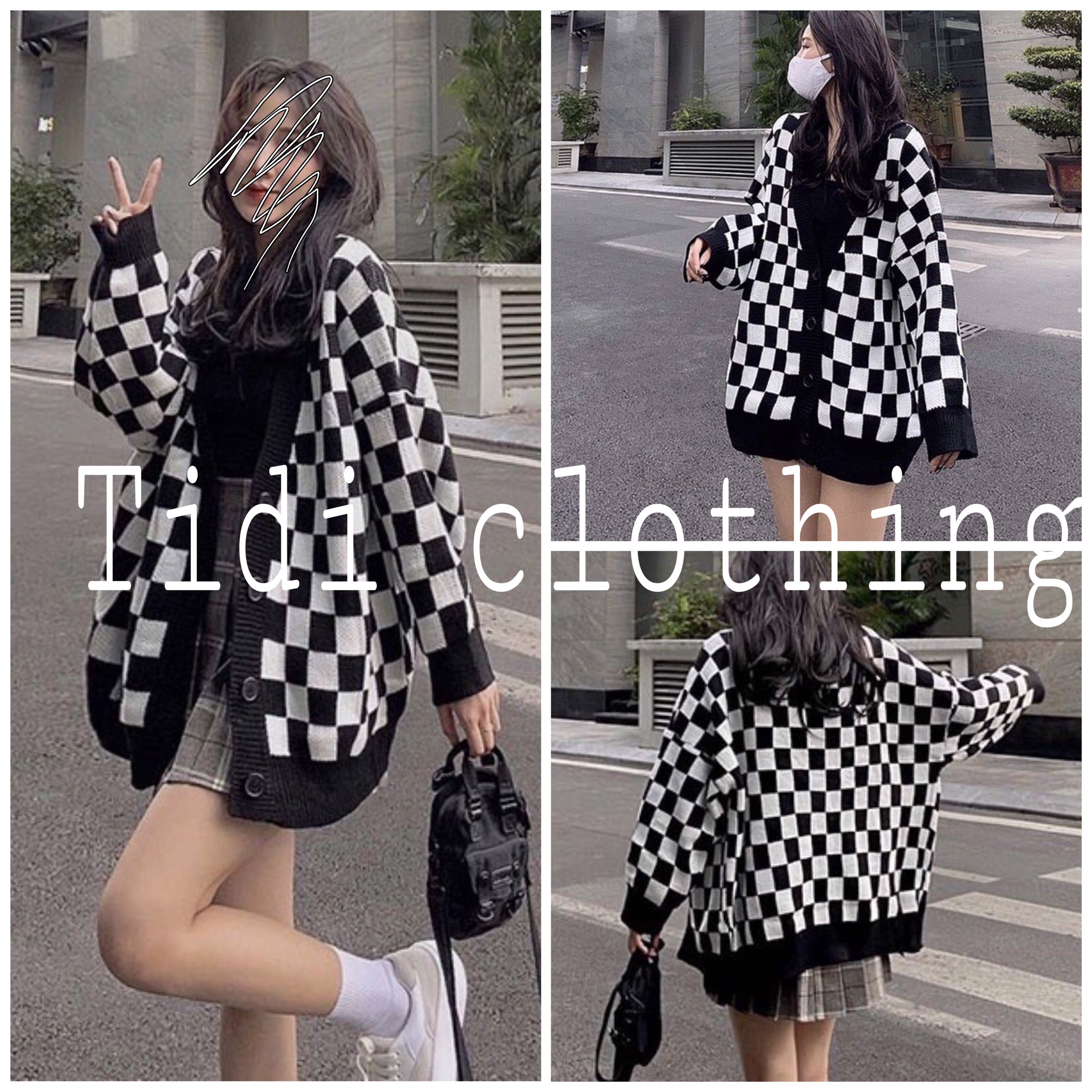 Áo khoác nữ đẹp 22 tidiclothing cardigan BÀN CỜ chất vải dày form rộng tay dài caro đen trắng