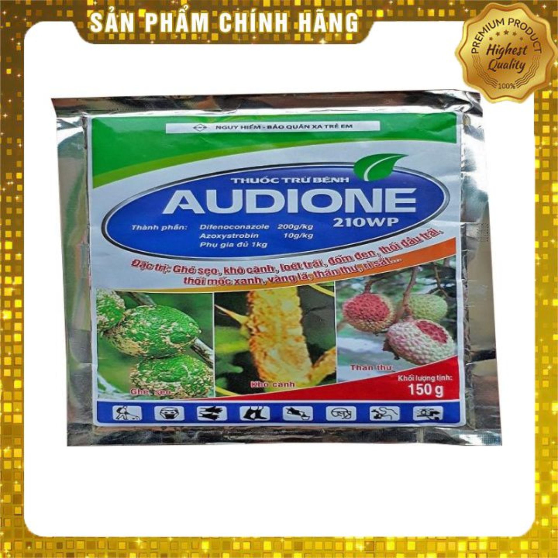 Thuoc trừ bệnh AUDIONE 210WP (150g) trừ ghẻ sẹo, khô cành, loét trái, đốm đen, thối đầu trái, thối mốc xanh, vàng lá, thán thư, rỉ sắt