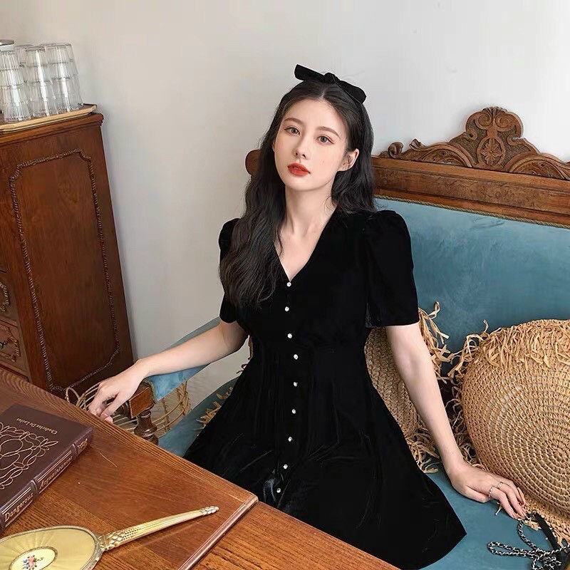 ?? Đầm Đen Nhung Tay Ngắn Nút ?? Ulzzang Girl ??