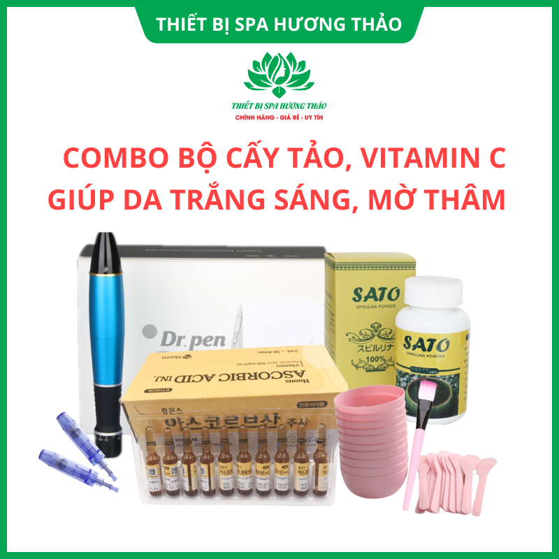 Combo Bộ cấy tảo (pen xanh tích điện + 5 kim nano + tảo + 1 vỉ vitamin c (10 ống) + 01 bộ bát thìa cọ)