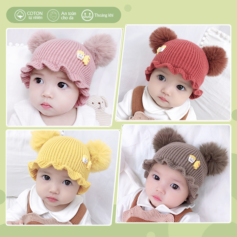Mũ Nón len dệt kim thiết kế tai lông xù 3D, 2 lớp cho bé trai, bé gái từ 5 tháng đến 1 tuổi