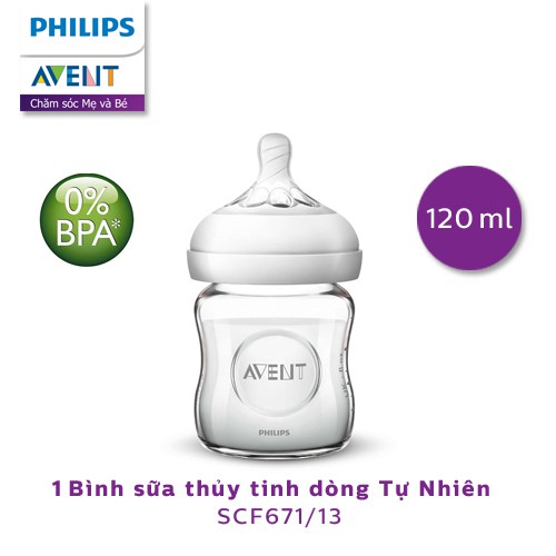 [TÁCH LẺ KHÔNG HỘP] Bình Sữa Cho Bé Avent Thủy Tinh Mô Phỏng Tự Nhiên 120ml SCF671/13, Đơn, Hàng Chính Hãng