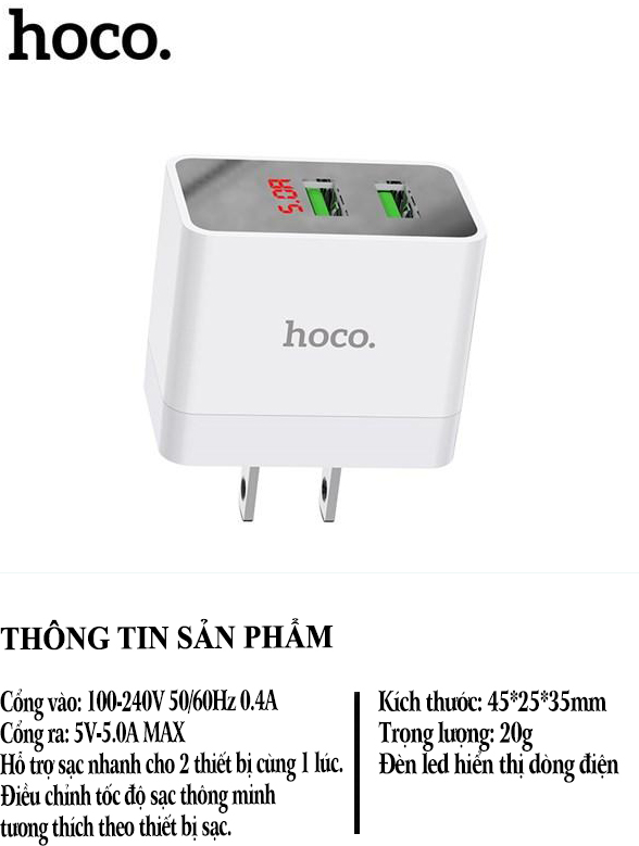 Củ sạc nhanh 2 cổng usb 5a hoco dc28 trang bị màn hình led đầu ra cổng kép cân bằng thông minh