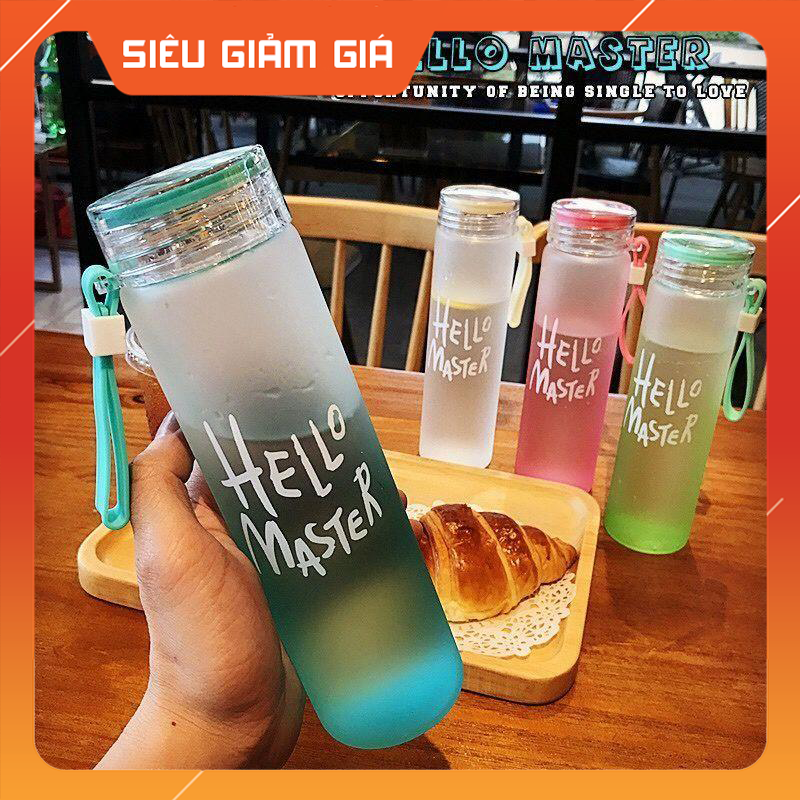 Bình thuỷ tinh đựng nước Hello Master 420ml- Bình chai đựng nước thuỷ tinh có nắp kèm dây xách dung tích 420ML ( ngẫu nhiên )