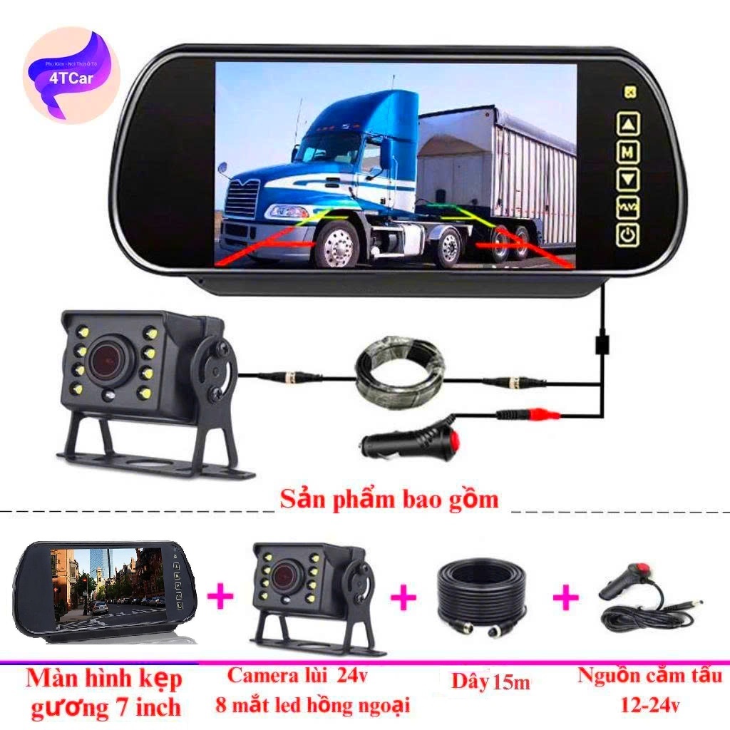 Bộ camera lùi xe tải 24V màn 7 inch kẹp gương dây 15m lắp cho xe tải xe khách xe công trình - Tầm nhìn đêm hình ảnh cực rõ nét