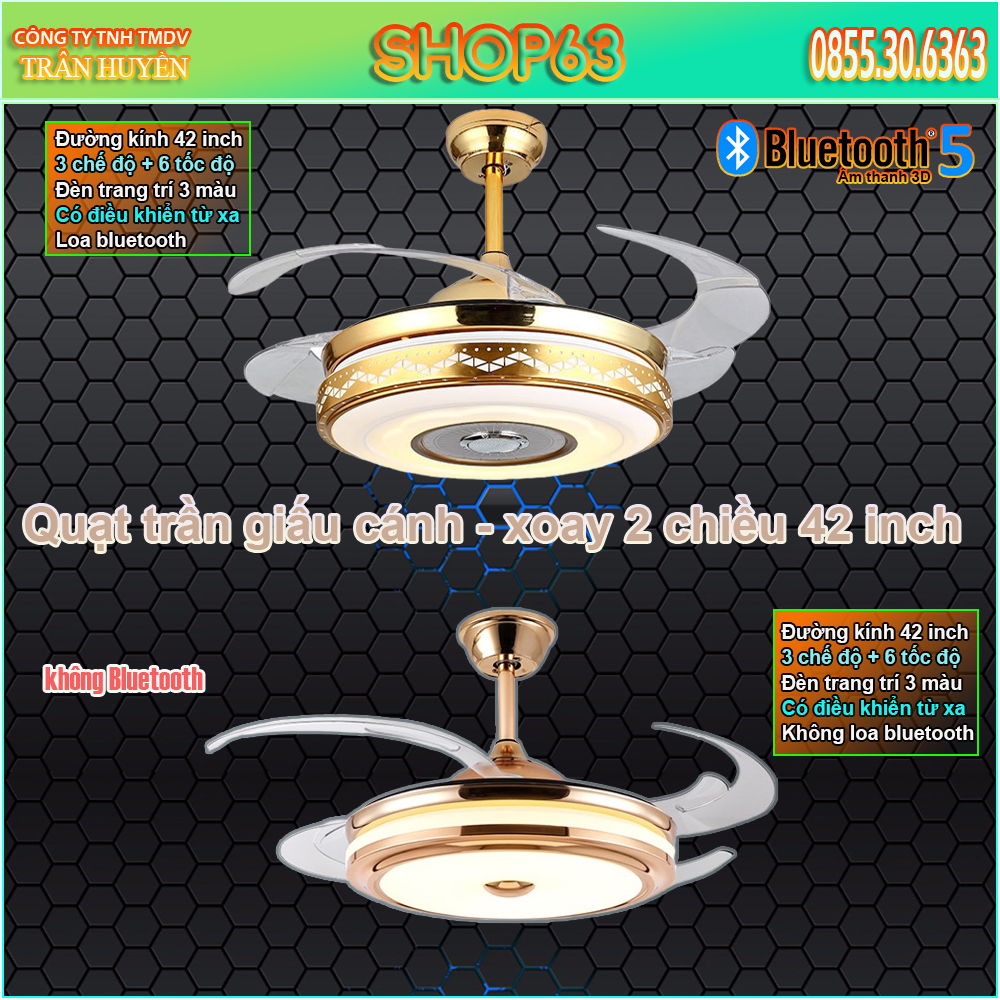 Quạt trần trang trí cao cấp - 6 tốc độ gió tích hợp loa bluetooth nghe nhạc cực hay (3 chế độ đèn - động cơ quạt xoay 2 chiều 3 chế độ gió đa dụng làm mát và giúp lưu thông không khí trong nhà)