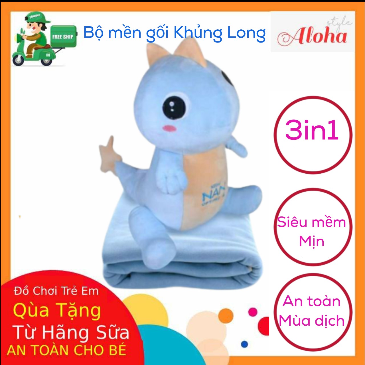 Bộ mền gối khủng long quà tặng sữa nan - an toàn mùa dịch bộ mền gối cho bé đi nhà trẻ - aloha store