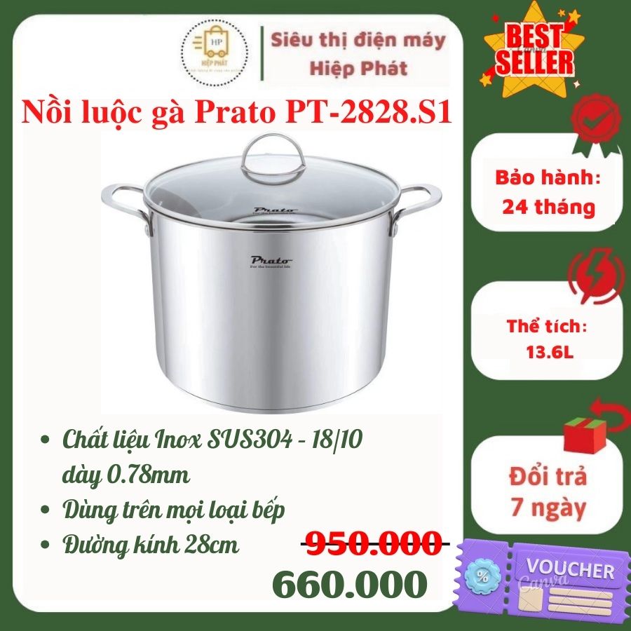 Nồi luộc gà 5 lớp liền khối inox 304 cao cấp Prato PT-2828.S1, Giữ Nhiệt Tốt, Size 28 - Bảo Hành chính hãng 24 tháng