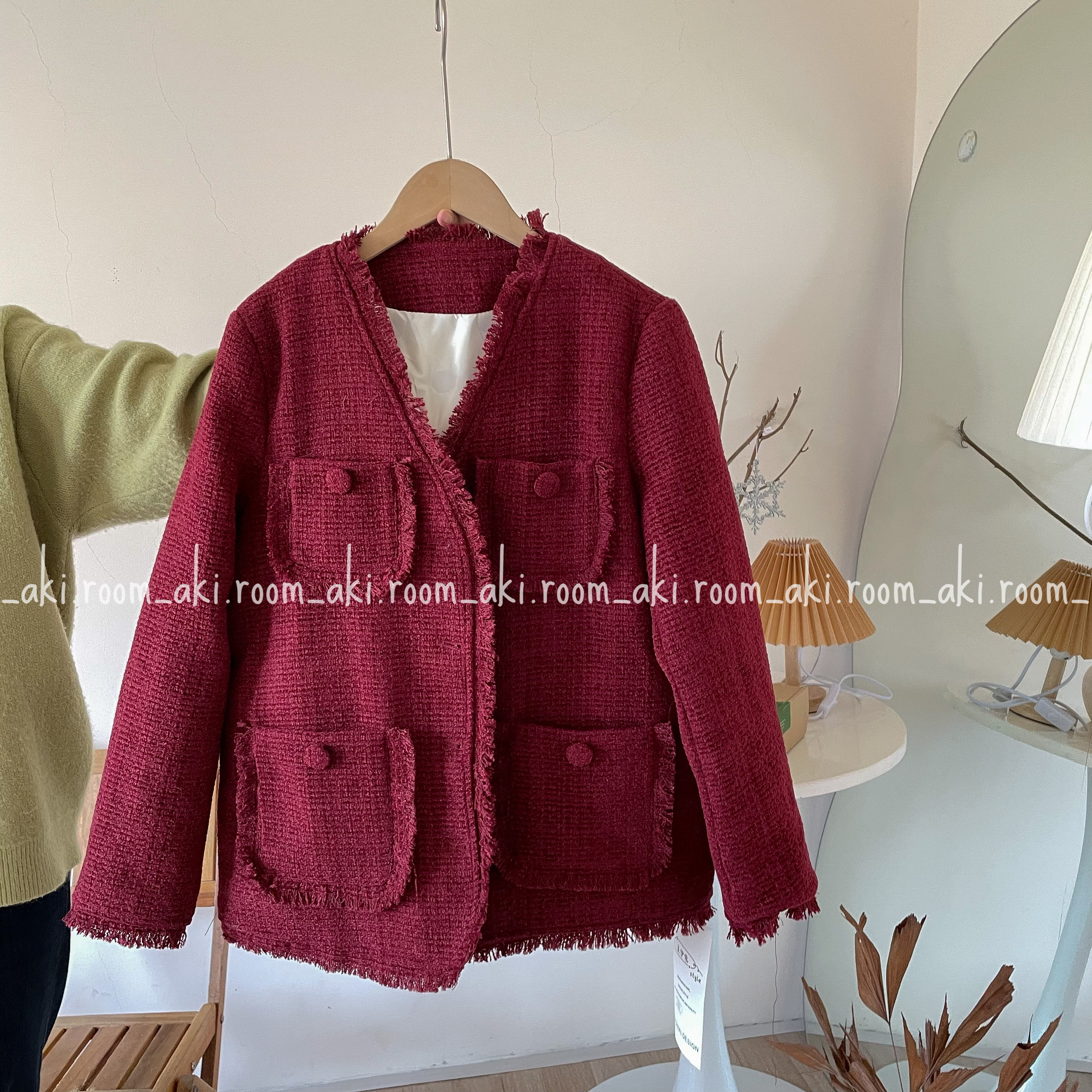 Áo khoác dạ tweed trần bông cổ V tua rua bốn túi form dài rộng 9168 - Aki room