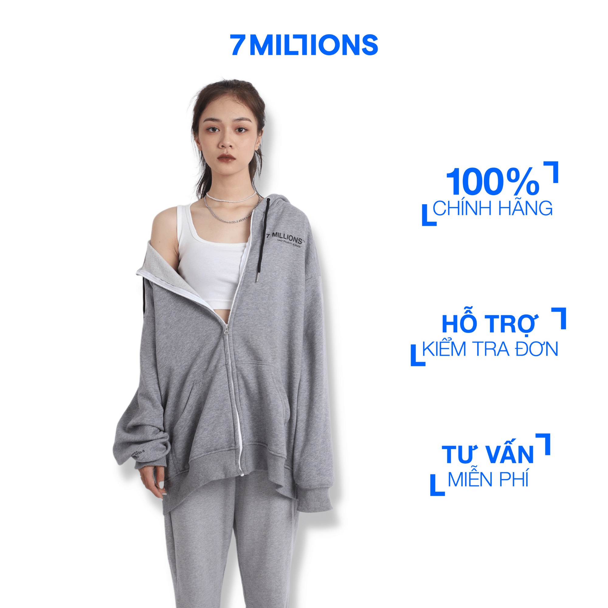 7millions áo khoác hoodie zip daily / màu xám