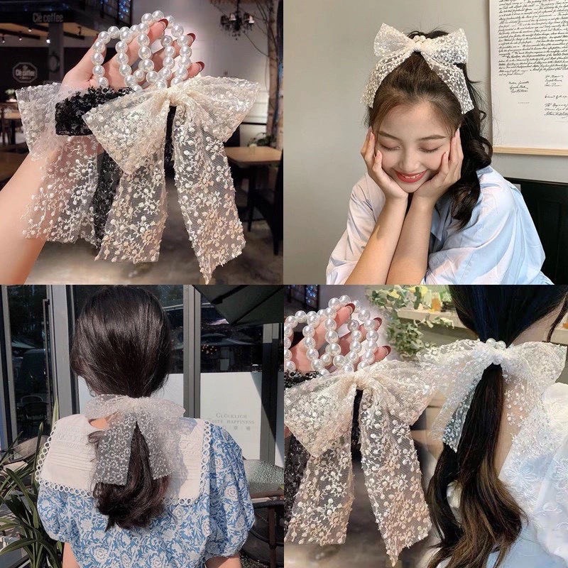 Dây cột tóc ngọc trai kết nơ ren